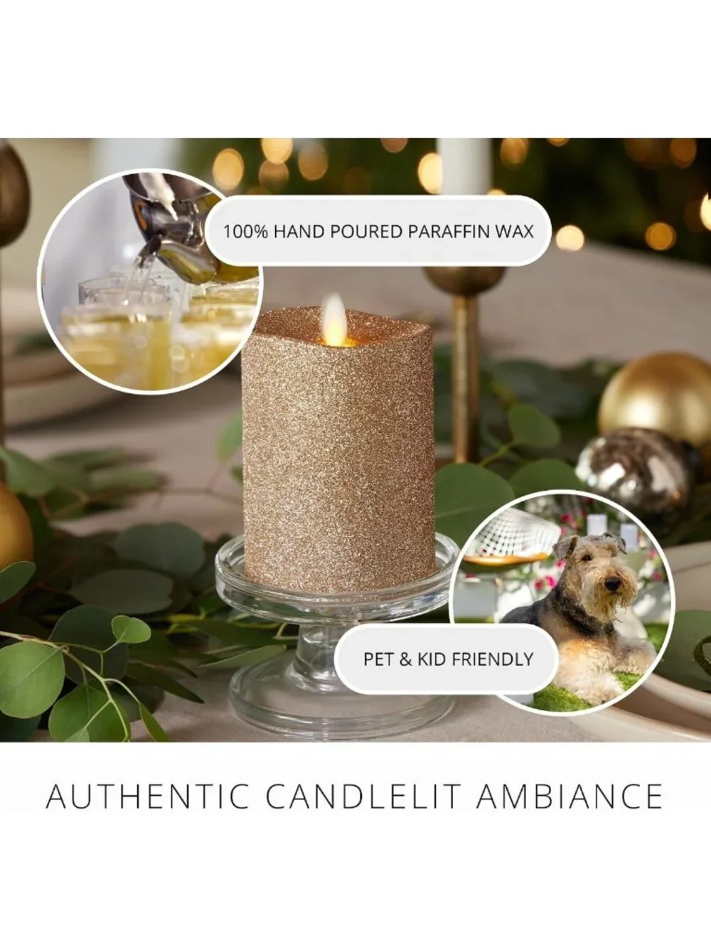 Realistic LED Moving Flame Pillar Candle - Gold Glitter, Battery Operated